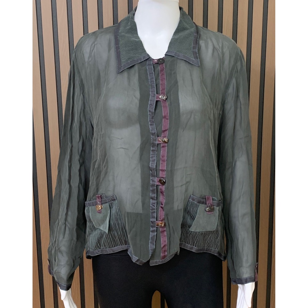 Neil David Sheer Bemberg Rayon‎ Blouse Green Purple Button Up Top Art Wear M USA